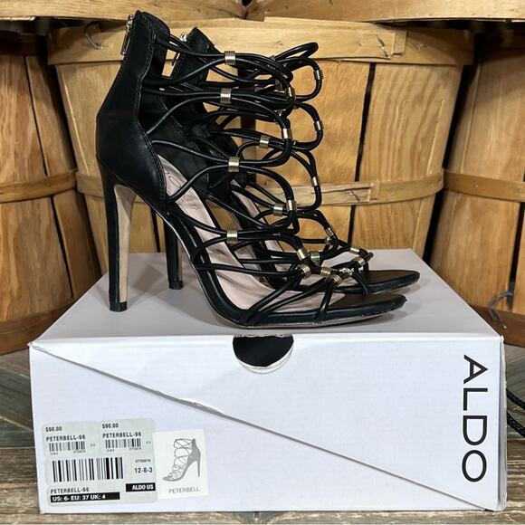 Aldo Peterbell Black Leather Gold Strappy Gladiator Open Toe Heels Womens 6.5 - Picture 1 of 14